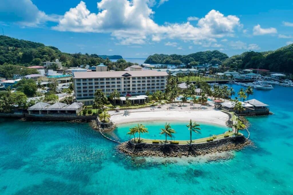 drone image of Palau resort showing water and pool